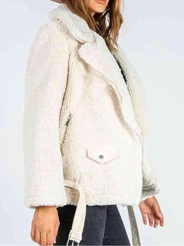 Belted Hem Collared Zip Up Sherpa Jacket-MXSTUDIO.COM