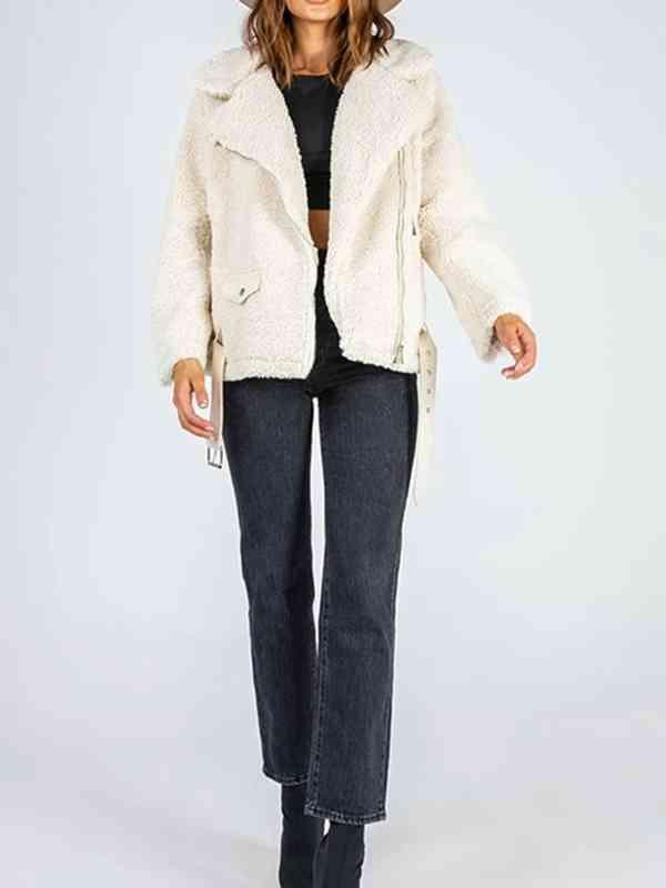 Belted Hem Collared Zip Up Sherpa Jacket-MXSTUDIO.COM