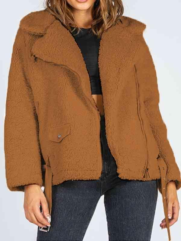 Belted Hem Collared Zip Up Sherpa Jacket-MXSTUDIO.COM