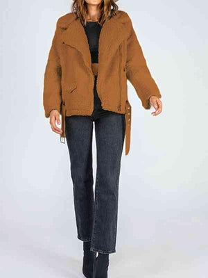 Belted Hem Collared Zip Up Sherpa Jacket-MXSTUDIO.COM