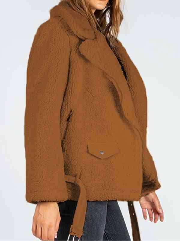 Belted Hem Collared Zip Up Sherpa Jacket-MXSTUDIO.COM