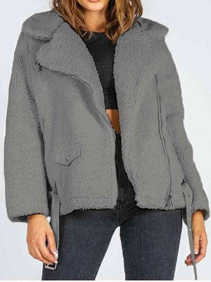 Belted Hem Collared Zip Up Sherpa Jacket-MXSTUDIO.COM