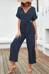 Belted Short Sleeve Navy Wide Leg Jumpsuit - MXSTUDIO.COM