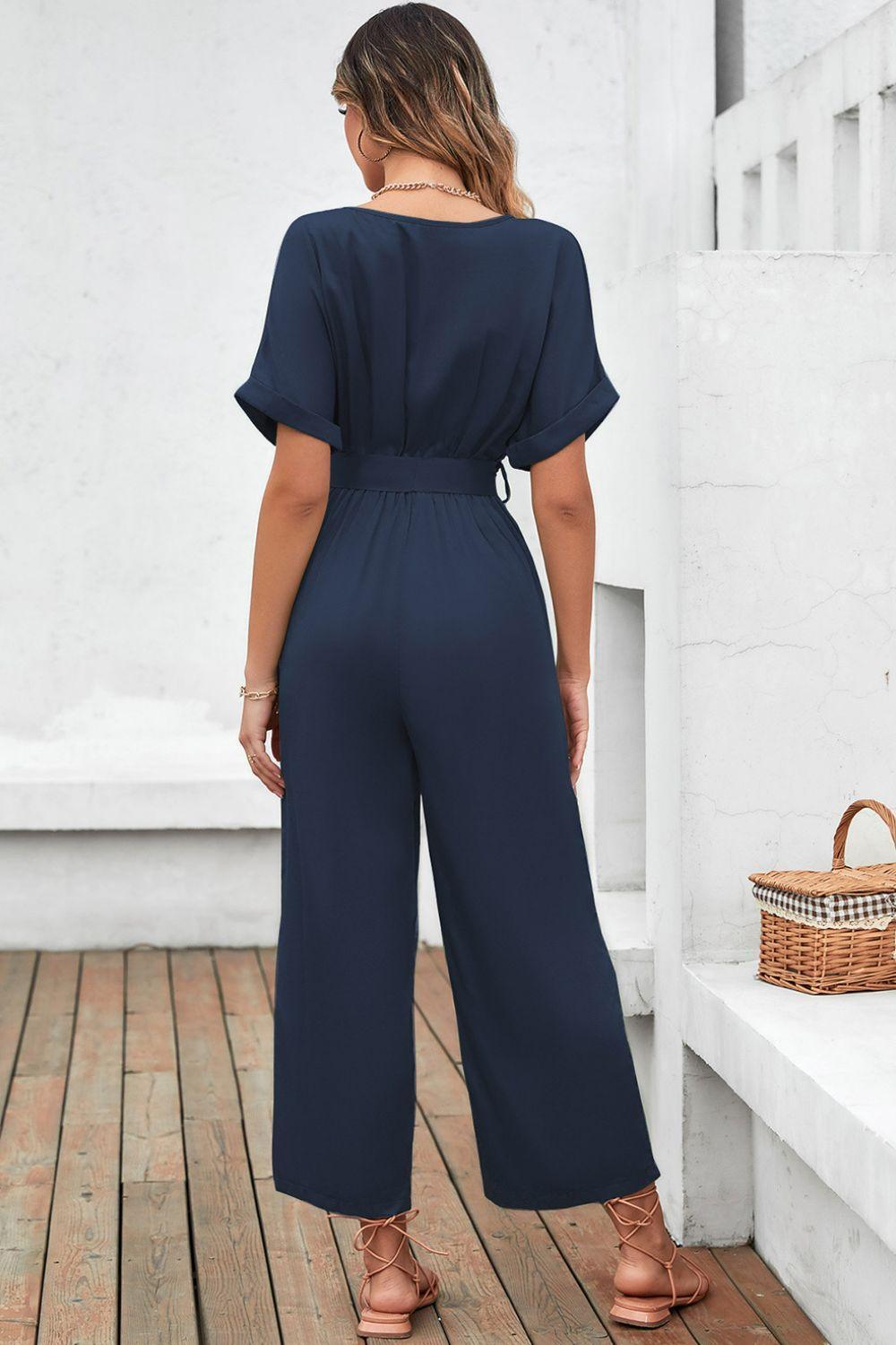 Belted Short Sleeve Navy Wide Leg Jumpsuit - MXSTUDIO.COM