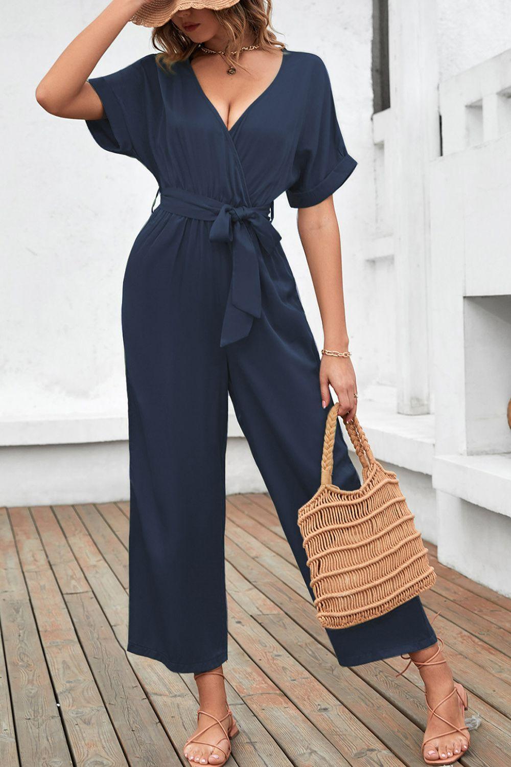 Belted Short Sleeve Navy Wide Leg Jumpsuit - MXSTUDIO.COM