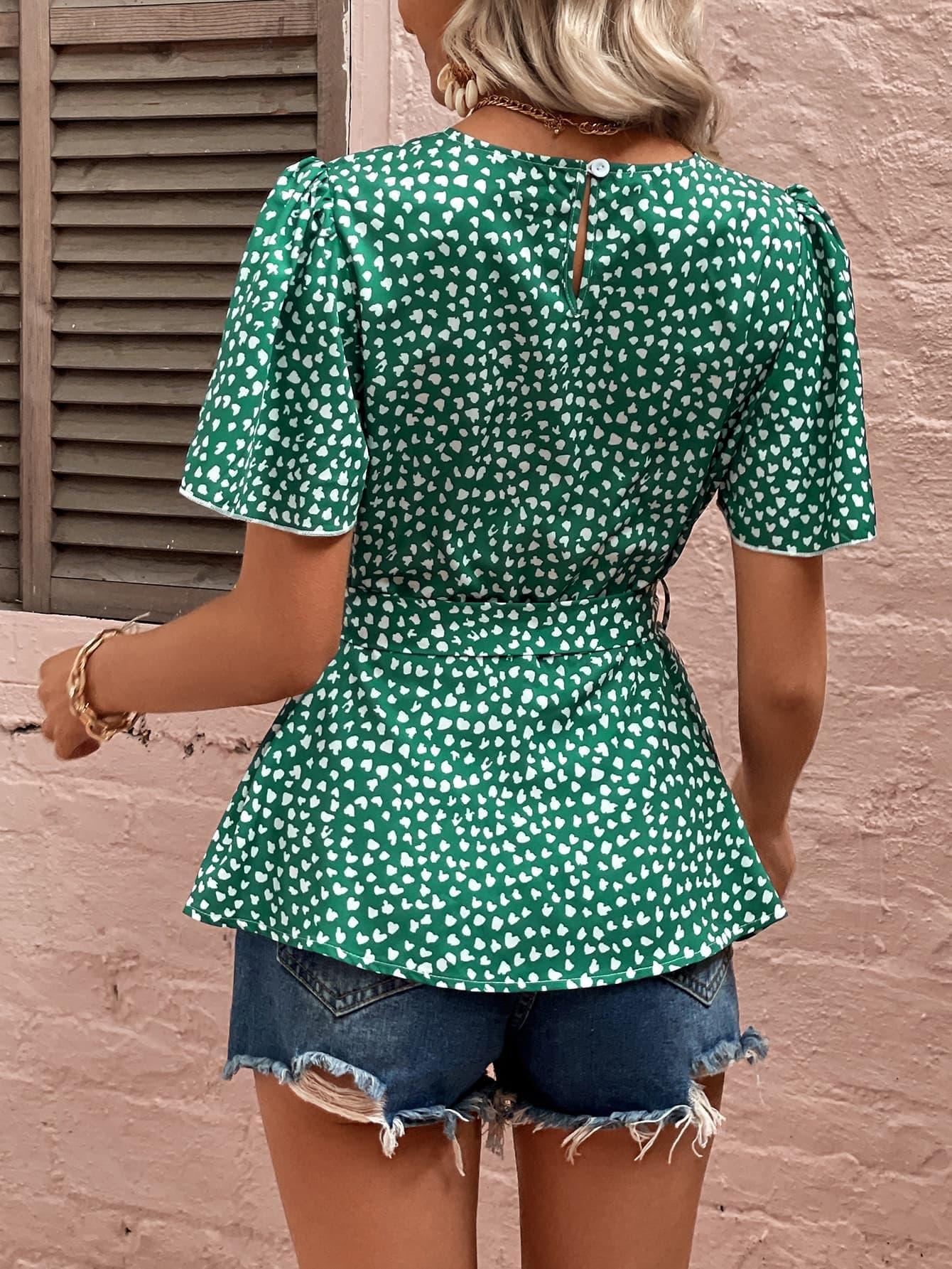 Best Day Heart Print Green Short Sleeve Blouse - MXSTUDIO.COM