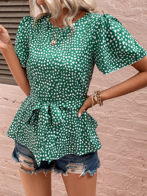 Best Day Heart Print Green Short Sleeve Blouse - MXSTUDIO.COM