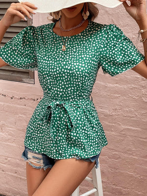 Best Day Heart Print Green Short Sleeve Blouse - MXSTUDIO.COM