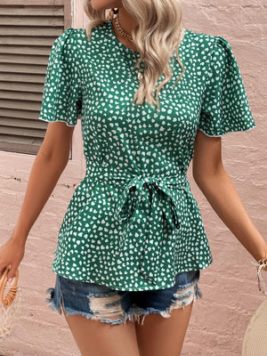 Best Day Heart Print Green Short Sleeve Blouse - MXSTUDIO.COM