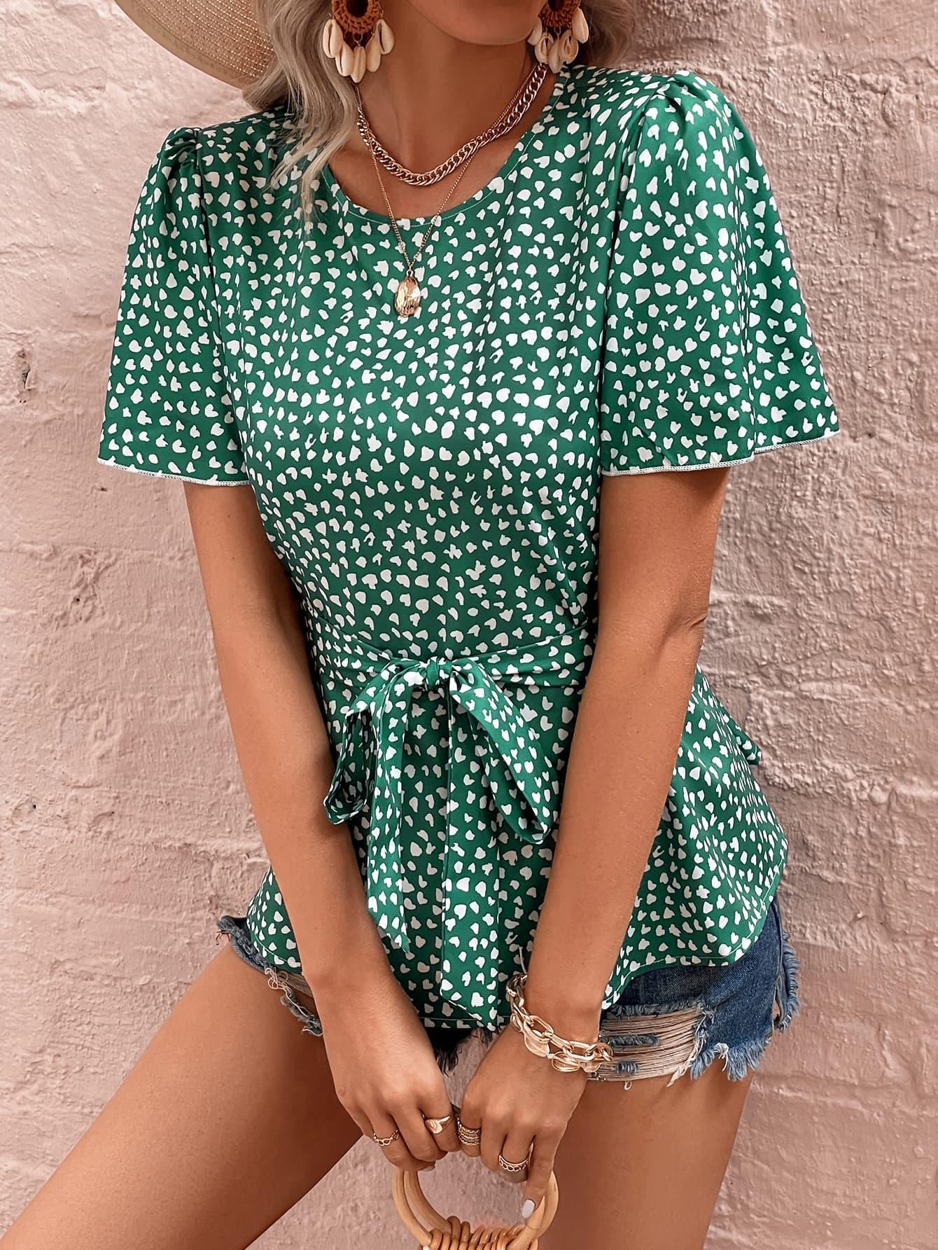 Best Day Heart Print Green Short Sleeve Blouse - MXSTUDIO.COM