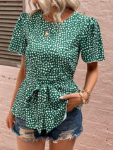 Best Day Heart Print Green Short Sleeve Blouse - MXSTUDIO.COM