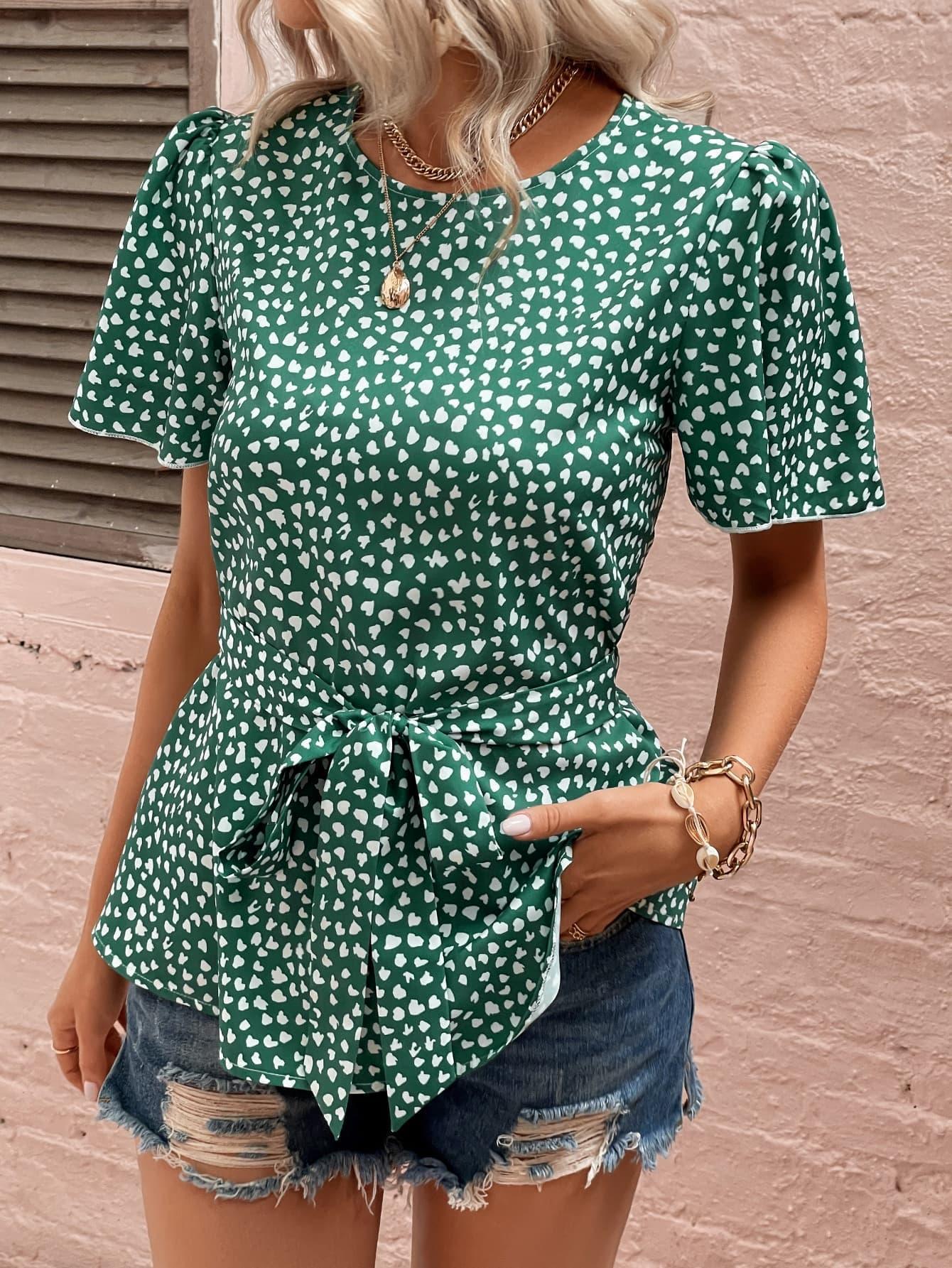 Best Day Heart Print Green Short Sleeve Blouse - MXSTUDIO.COM