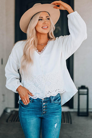 Best Days Lace V Neck Long Sleeve Blouse - MXSTUDIO.COM