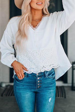 Best Days Lace V Neck Long Sleeve Blouse - MXSTUDIO.COM