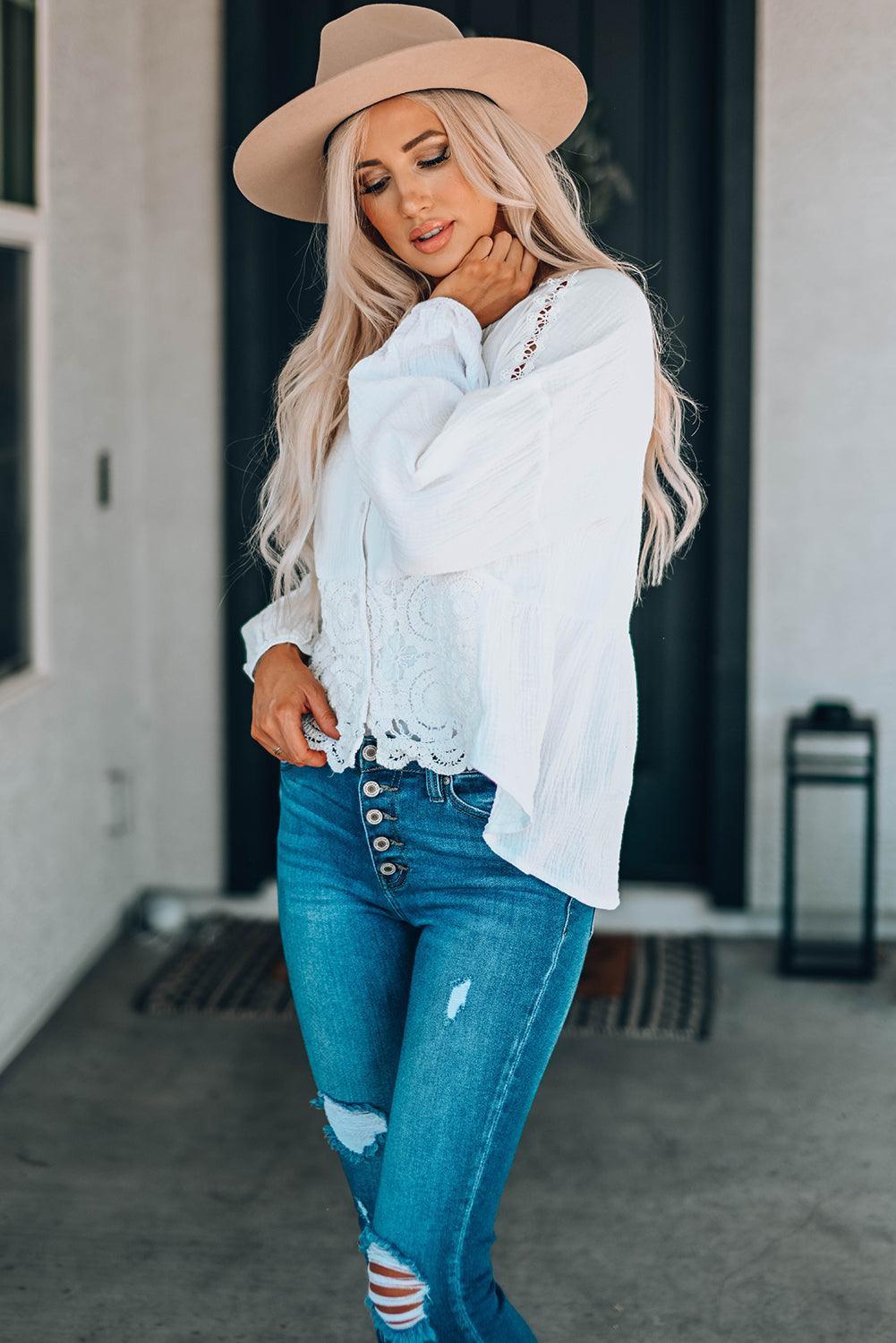 Best Days Lace V Neck Long Sleeve Blouse - MXSTUDIO.COM