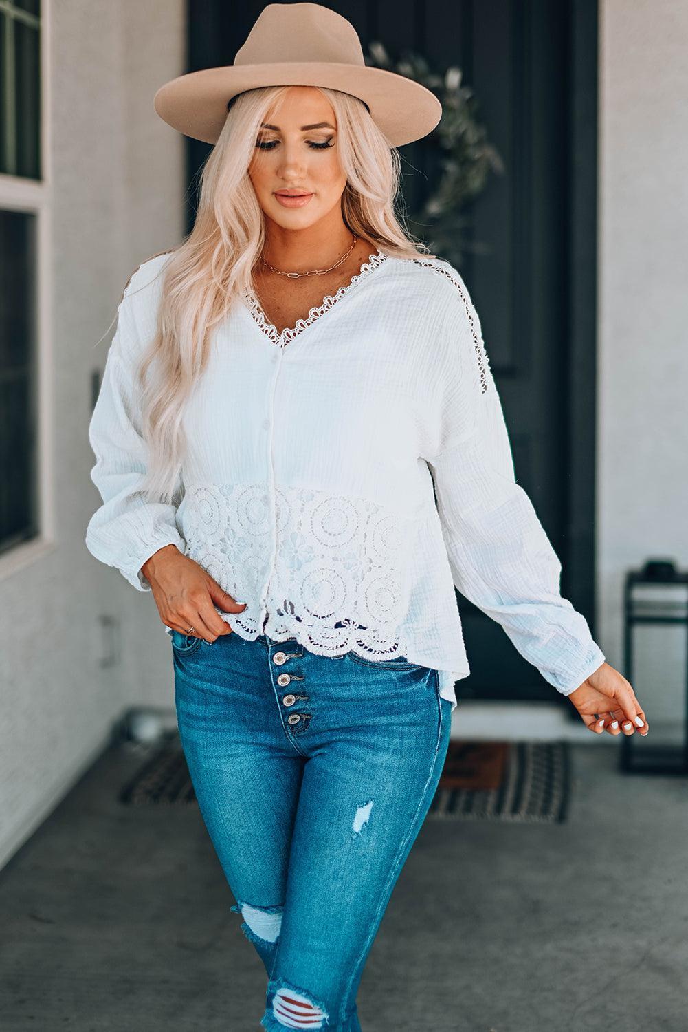 Best Days Lace V Neck Long Sleeve Blouse - MXSTUDIO.COM