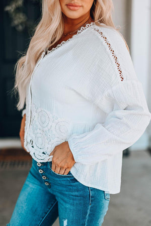 Best Days Lace V Neck Long Sleeve Blouse - MXSTUDIO.COM