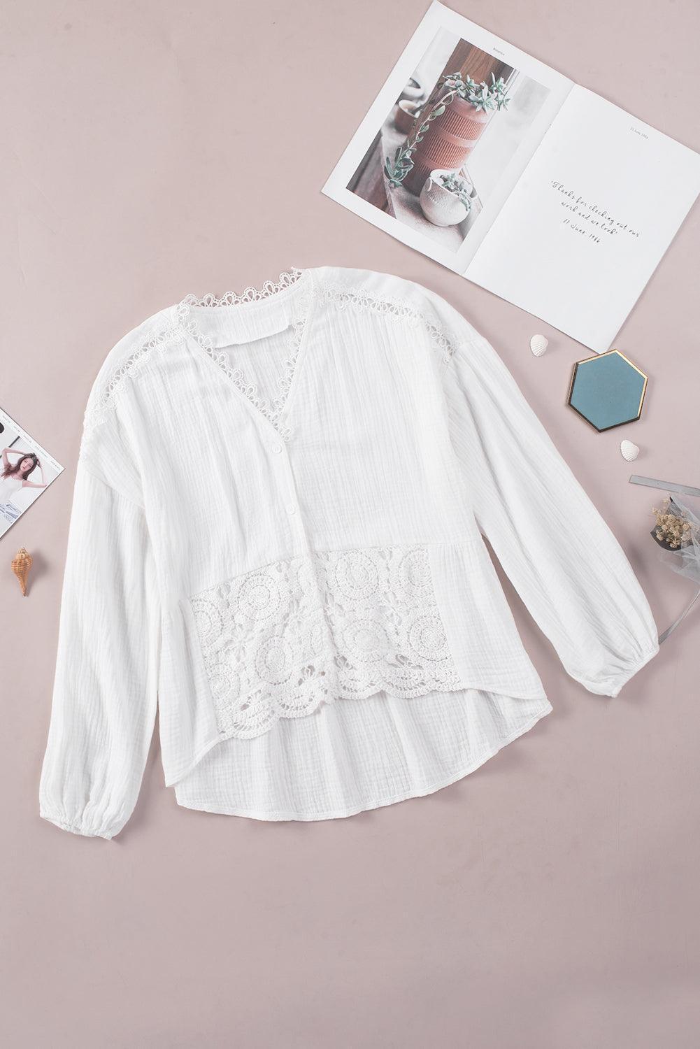 Best Days Lace V Neck Long Sleeve Blouse - MXSTUDIO.COM