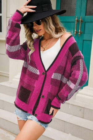 Best Desire Button-Front Fuzzy Striped Cardigan Sweater - MXSTUDIO.COM