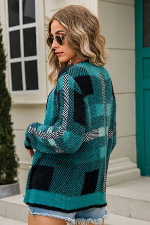 Best Desire Button-Front Fuzzy Striped Cardigan Sweater - MXSTUDIO.COM