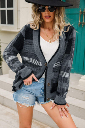 Best Desire Button-Front Fuzzy Striped Cardigan Sweater - MXSTUDIO.COM