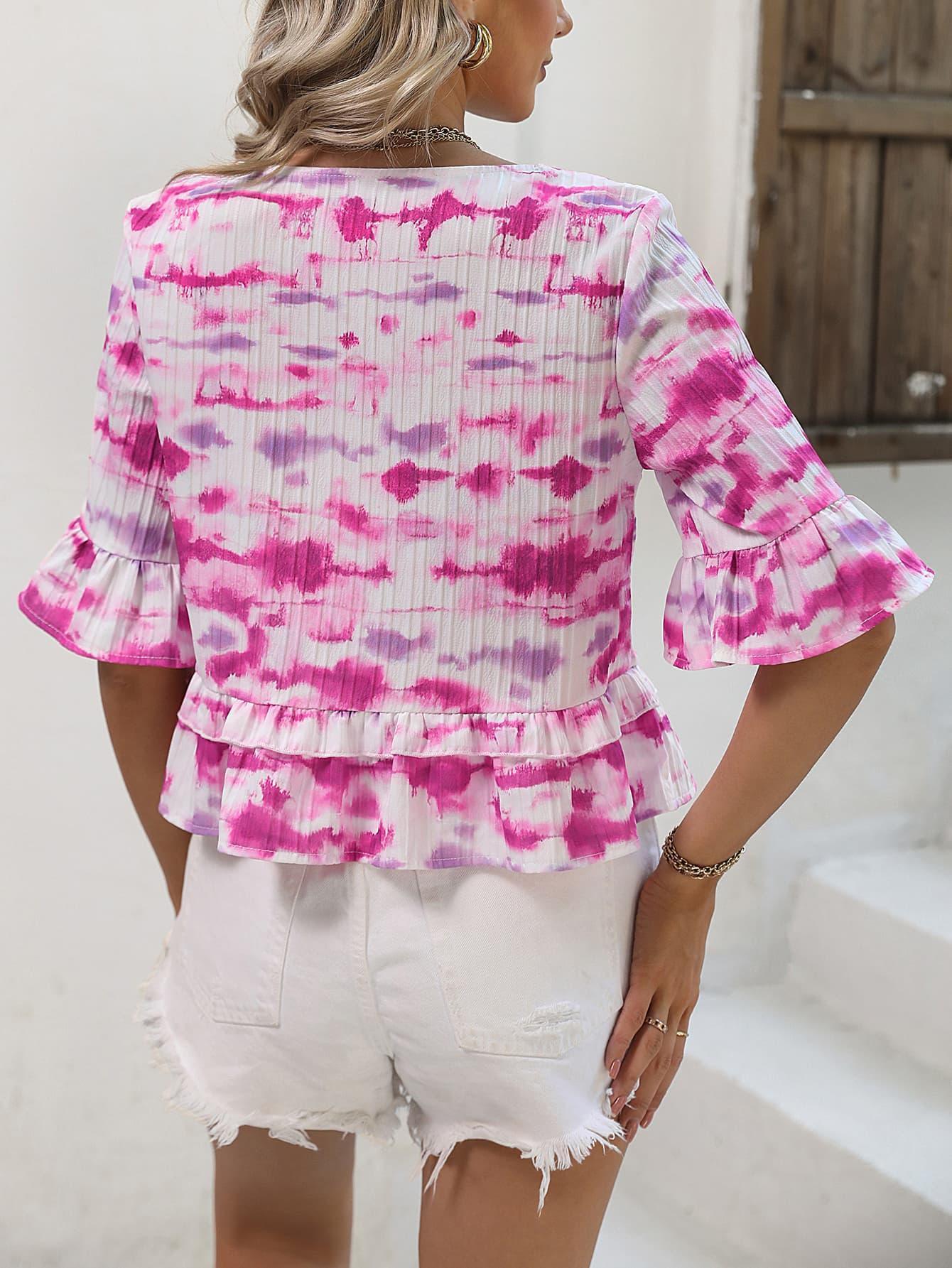 Best Summer Peplum V Neck Pink Tie Dye Blouse - MXSTUDIO.COM