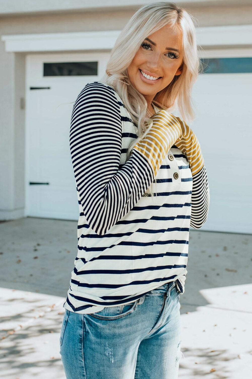 Better Now Buttoned Striped Long Sleeve Top - MXSTUDIO.COM