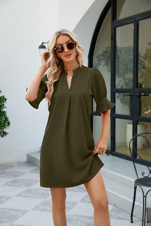 Bewitching Half Sleeve Mini Notched Neck Dress - MXSTUDIO.COM