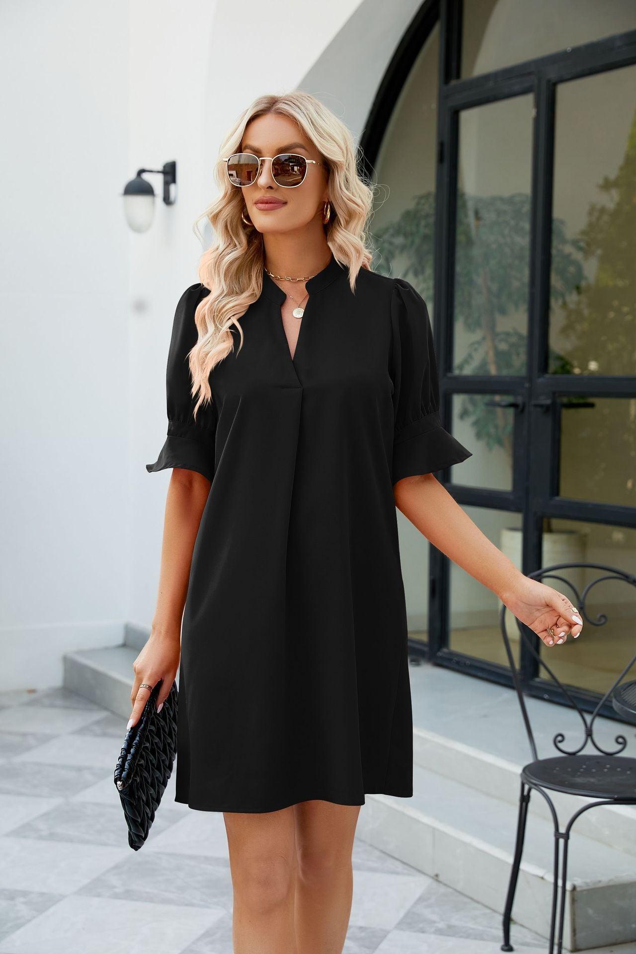 Bewitching Half Sleeve Mini Notched Neck Dress - MXSTUDIO.COM