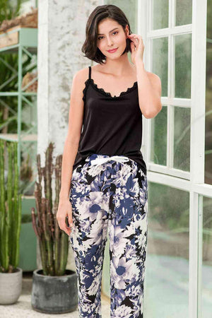 Black Cami And Floral Pants 2 Piece Outfit Lounge Set - MXSTUDIO.COM