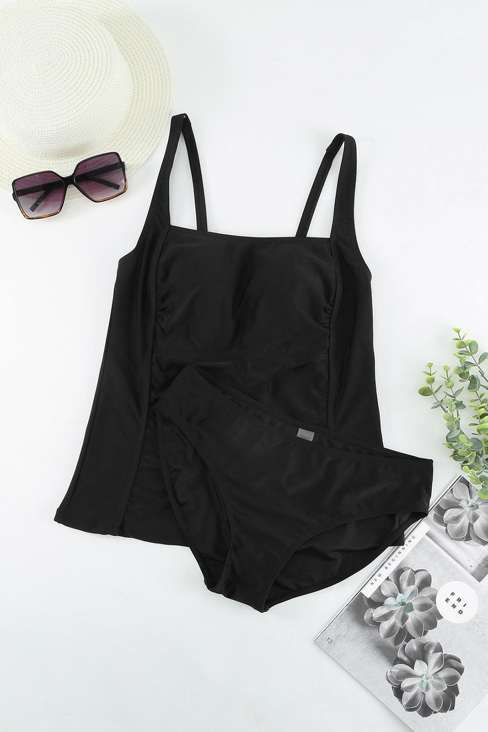 Black Flowy Gathered Front Top Tankini Set - MXSTUDIO.COM