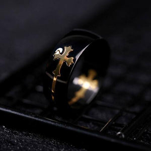 Black Gold Plated Titanium Steel Cross Ring-MXSTUDIO.COM