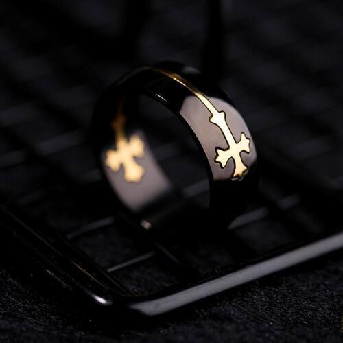 Black Gold Plated Titanium Steel Cross Ring-MXSTUDIO.COM