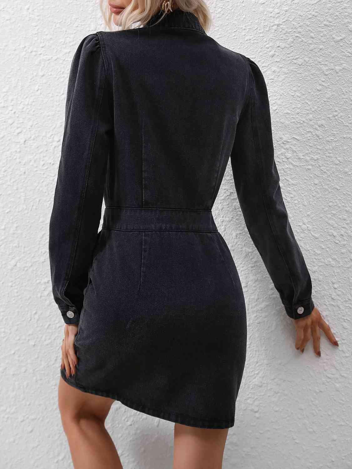 Black Long Sleeve Denim Mini Dress - MXSTUDIO.COM