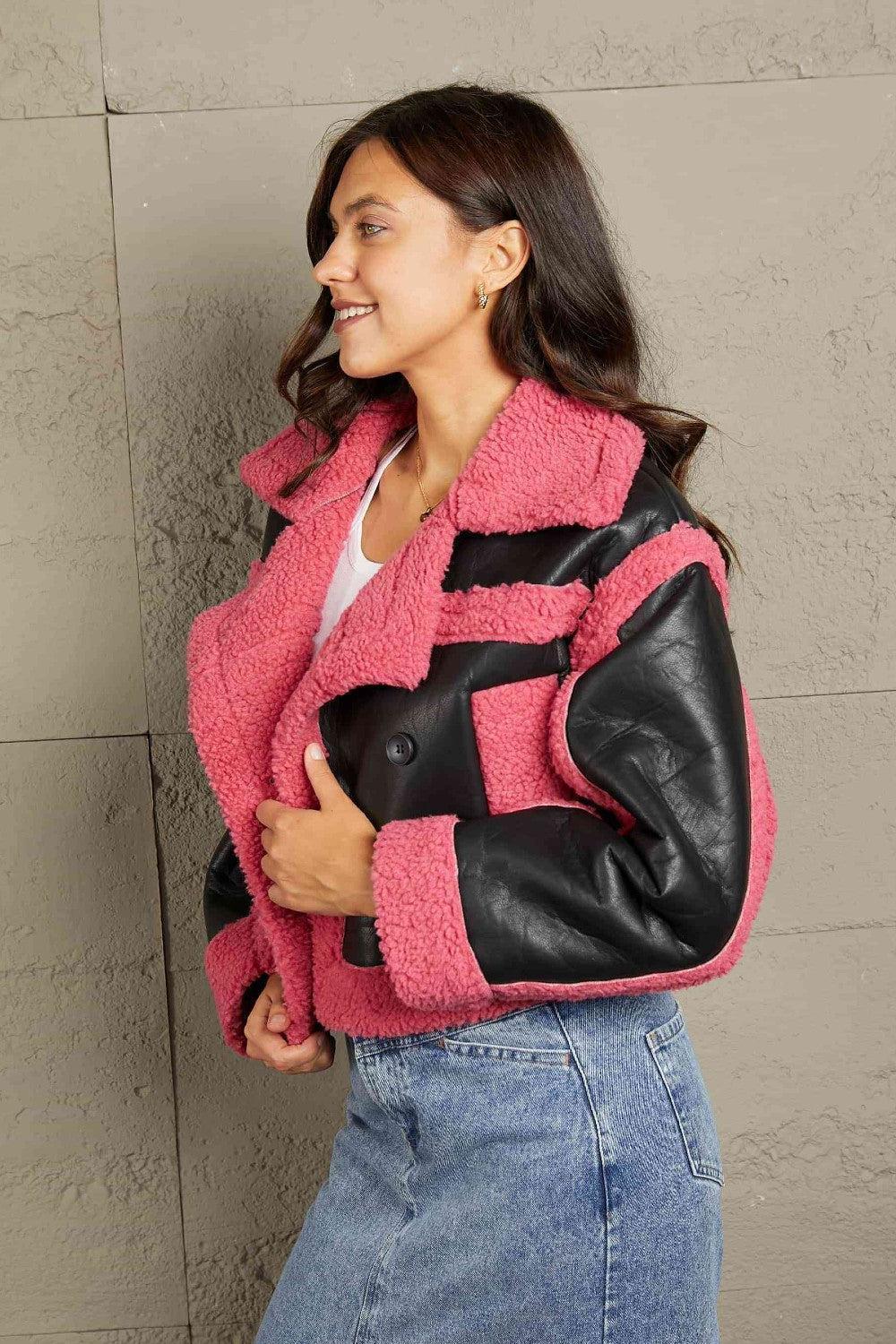Black Pink Faux Leather Fleece Lined Jacket-MXSTUDIO.COM