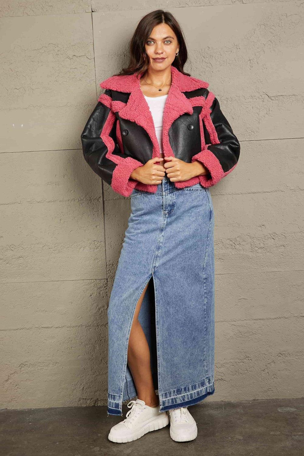Black Pink Faux Leather Fleece Lined Jacket-MXSTUDIO.COM