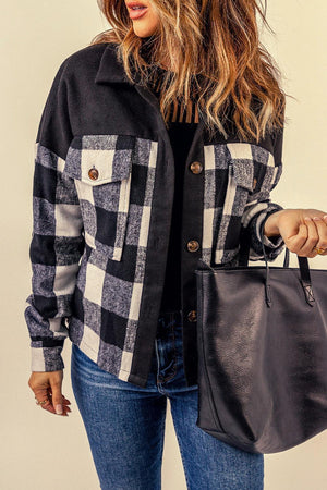 Black Plaid Shacket with Buttons and Pockets - MXSTUDIO.COM