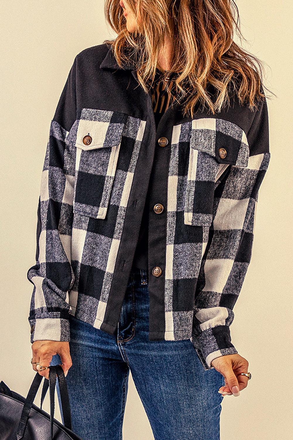 Black Plaid Shacket with Buttons and Pockets - MXSTUDIO.COM