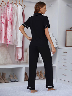 Black Shirt And Pants Pajama Set With White Piping - MXSTUDIO.COM