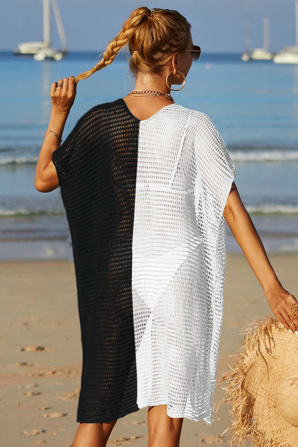Black White Contrast Open Front Crochet Beach Cover-Up - MXSTUDIO.COM