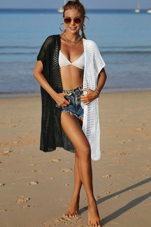 Black White Contrast Open Front Crochet Beach Cover-Up - MXSTUDIO.COM