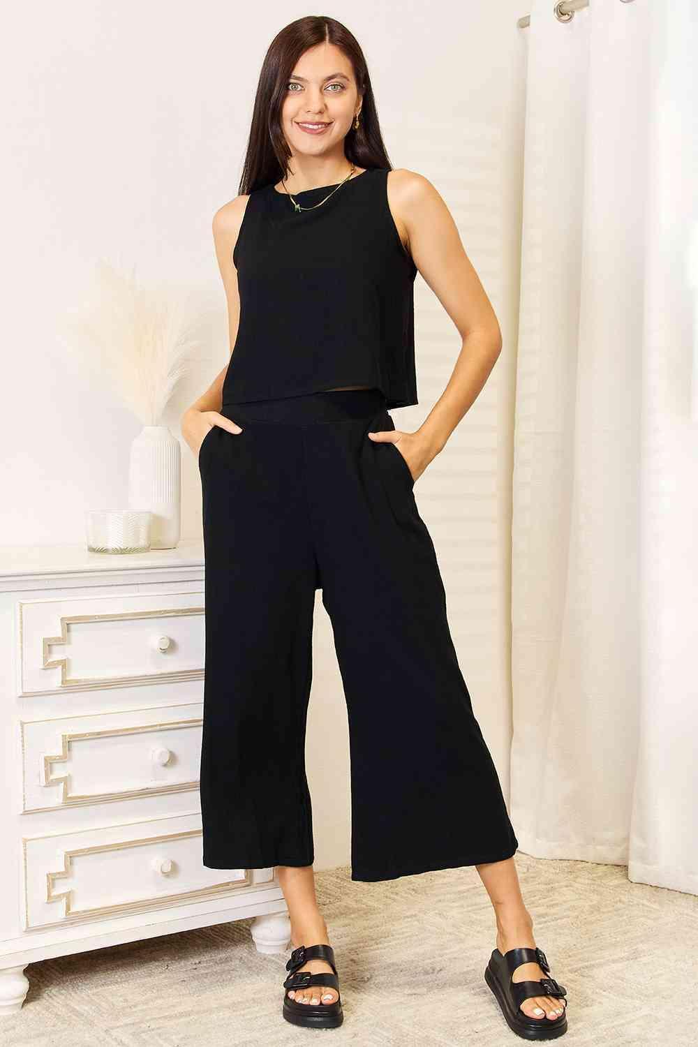 Black Wide Leg Pants And Tank Top Set - MXSTUDIO.COM