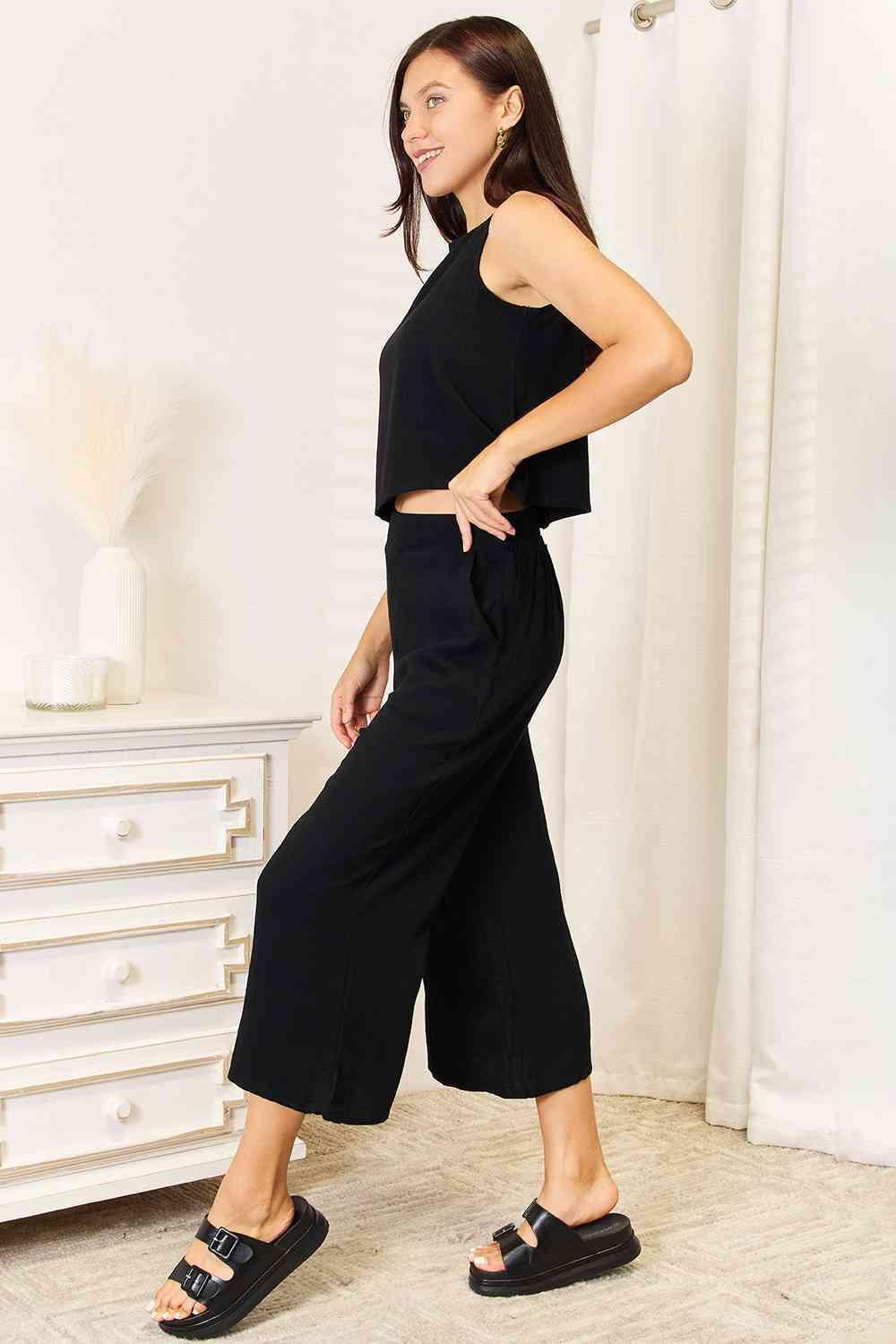 Black Wide Leg Pants And Tank Top Set - MXSTUDIO.COM