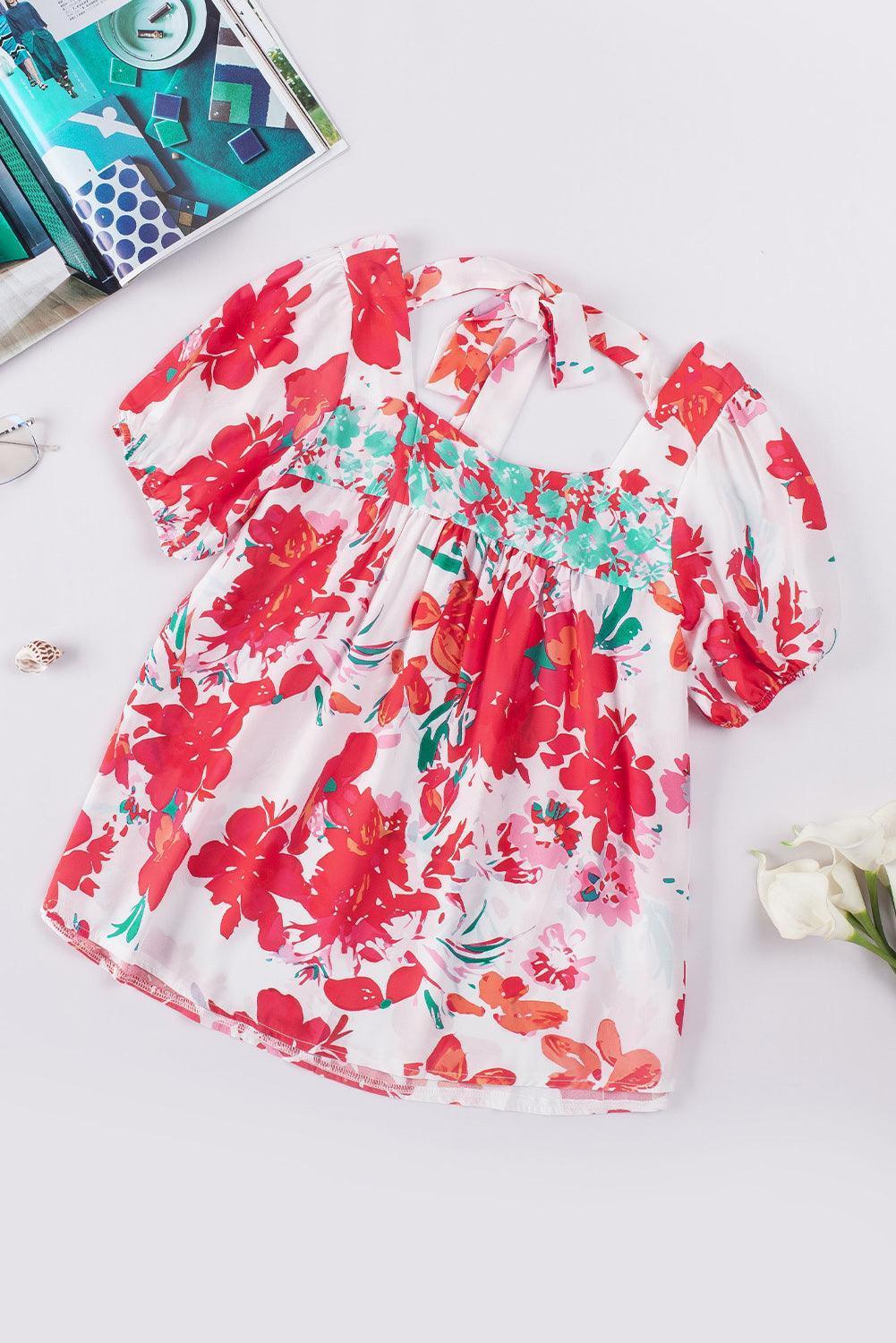 Blissfully Blossoming Tie Back Floral Short Sleeve Blouse - MXSTUDIO.COM