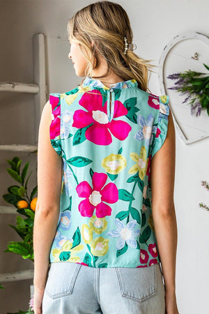 Bloom Wildly Floral Ruffle Cap Sleeve Blouse - MXSTUDIO.COM