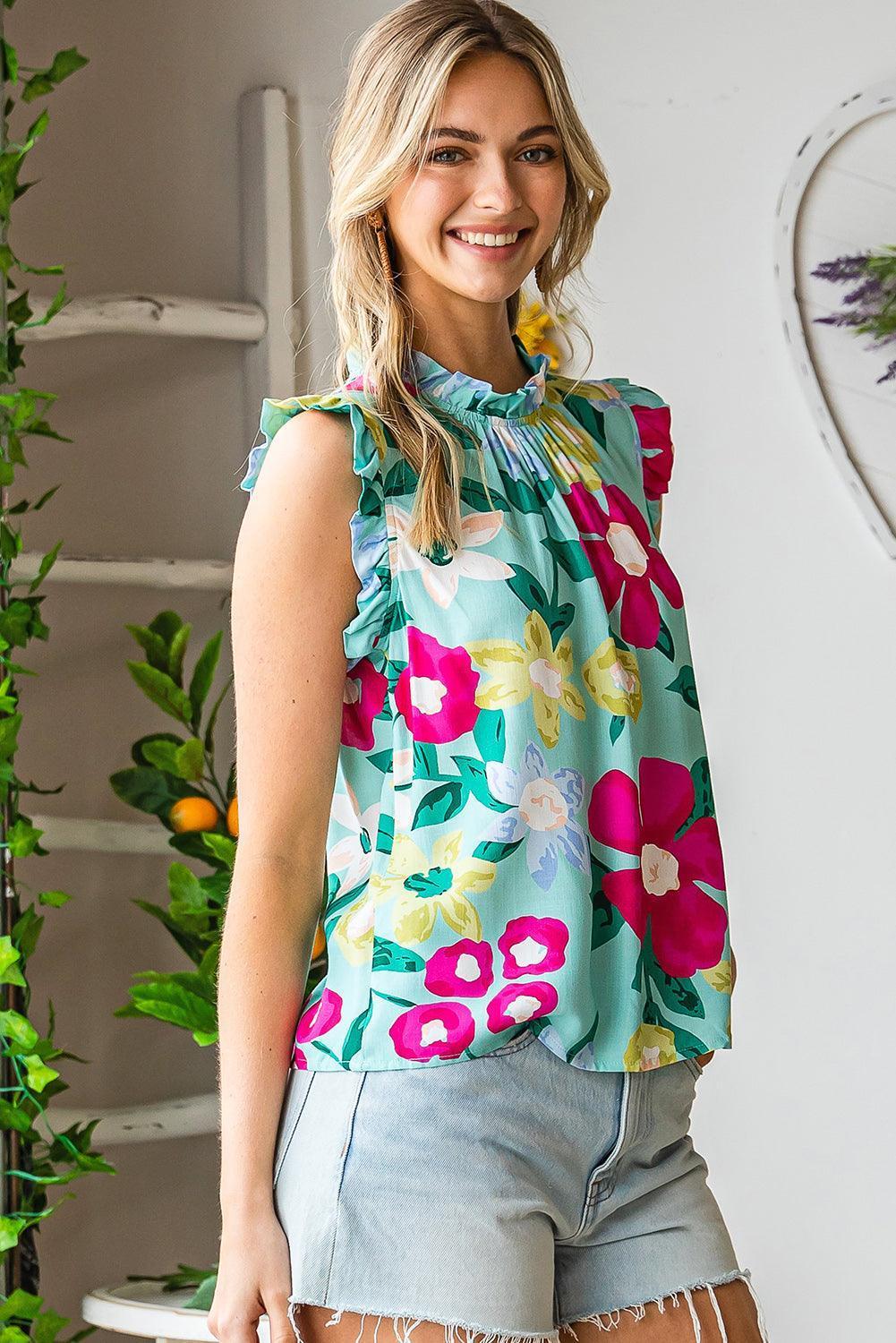 Bloom Wildly Floral Ruffle Cap Sleeve Blouse - MXSTUDIO.COM