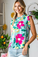 Bloom Wildly Floral Ruffle Cap Sleeve Blouse - MXSTUDIO.COM