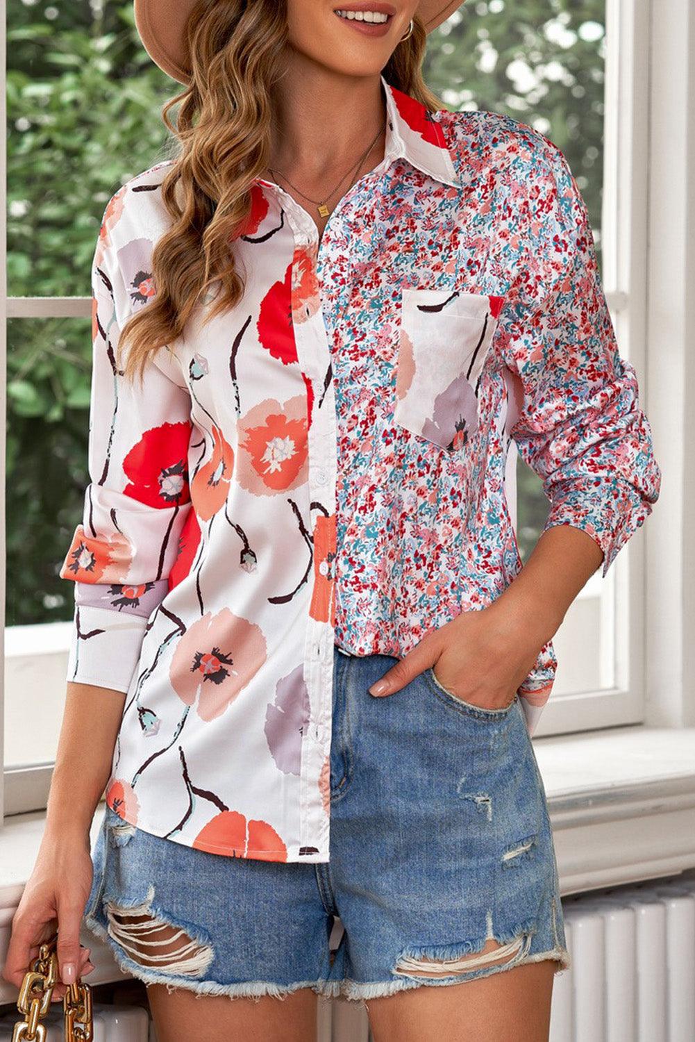 a woman wearing a floral shirt and denim shorts