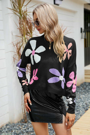 Blossoming Ribbed Trim Floral Sweater - MXSTUDIO.COM