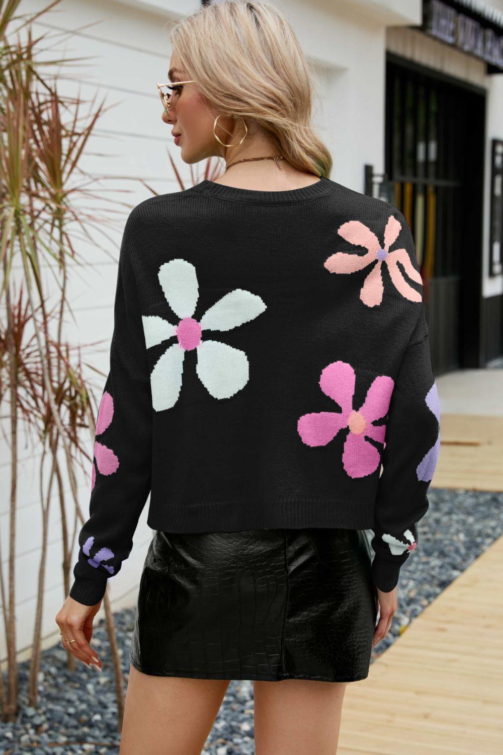 Blossoming Ribbed Trim Floral Sweater - MXSTUDIO.COM